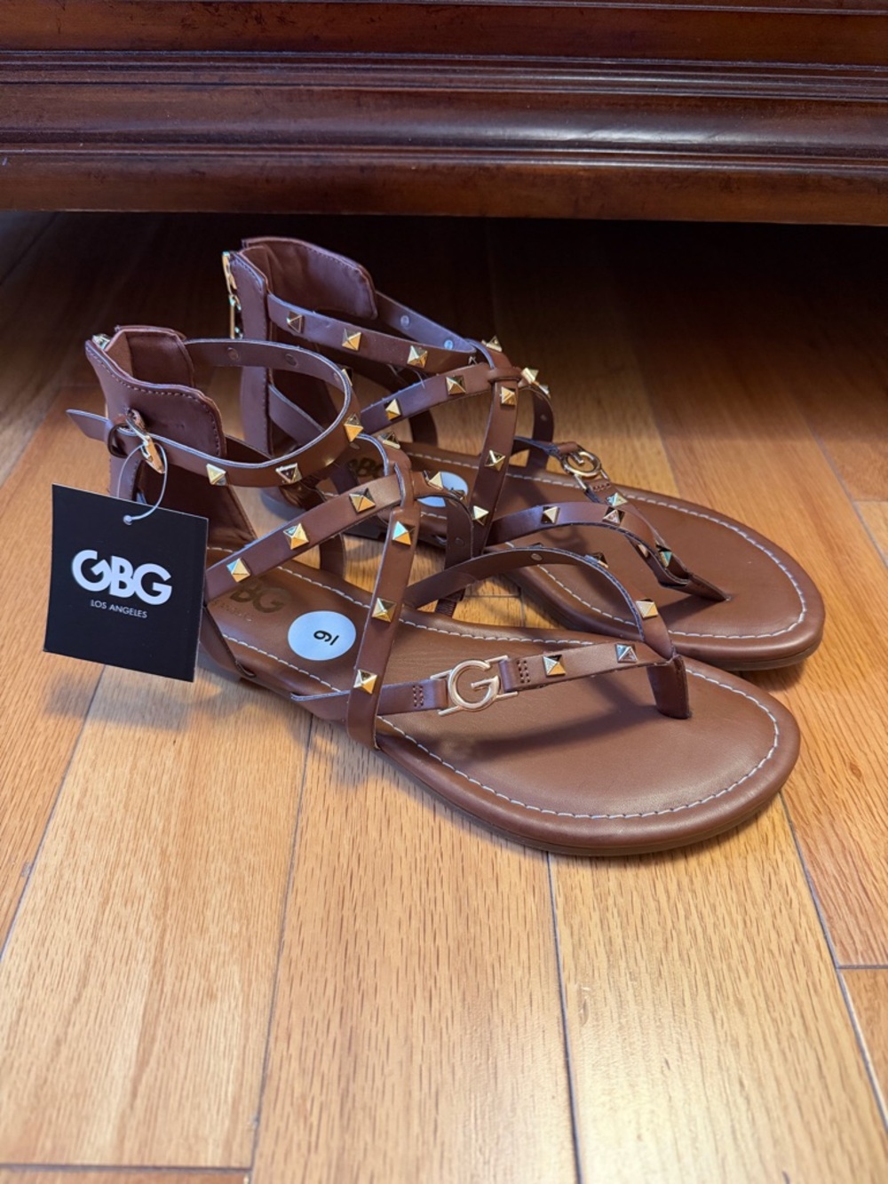 GBG Los Angeles Brown Gladiator Sandals with Gold Studs